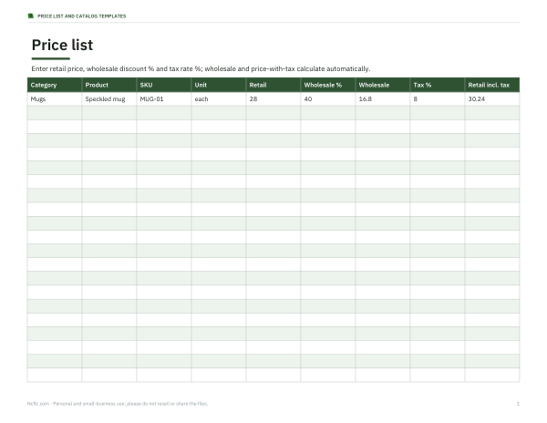 Preview of Printable Price List with Tax
