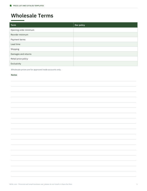 Preview of Wholesale Terms Price List Template