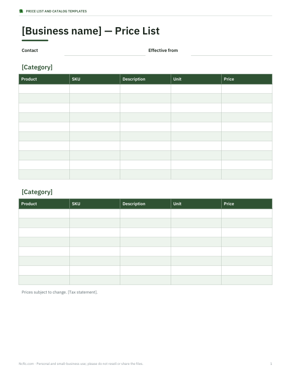 Preview of Printable Price List Template